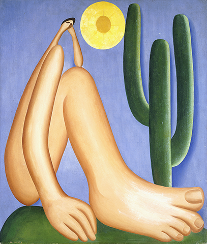 painting of a distorted human figure, a cactus, and a sun