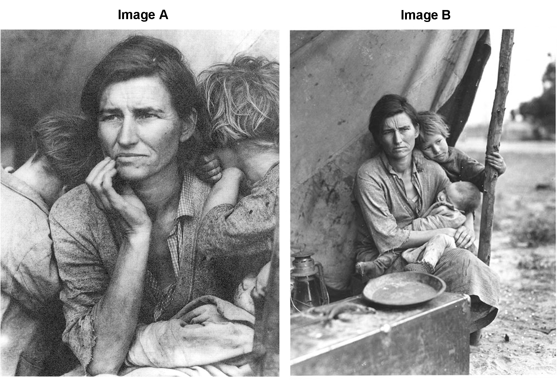 two black and white photographs shown side by side of the same Depression-era family