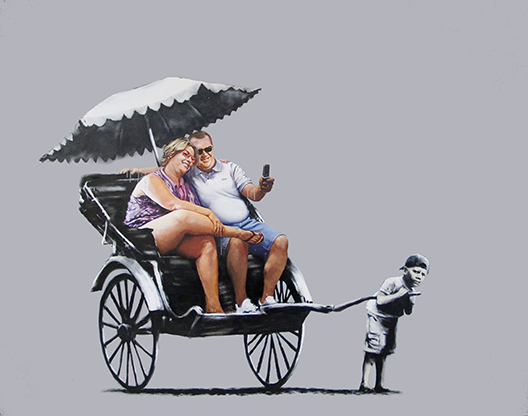 painting of a middle-aged man and woman seated on a rickshaw