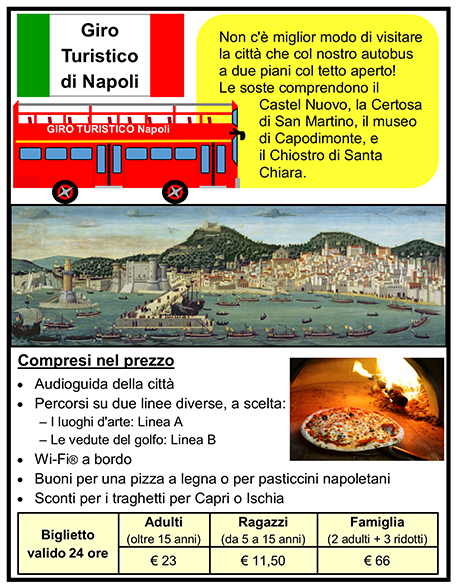 advertisement for Italian bus tour with a graphic of a seaside town, and photo of wood-fired pizza