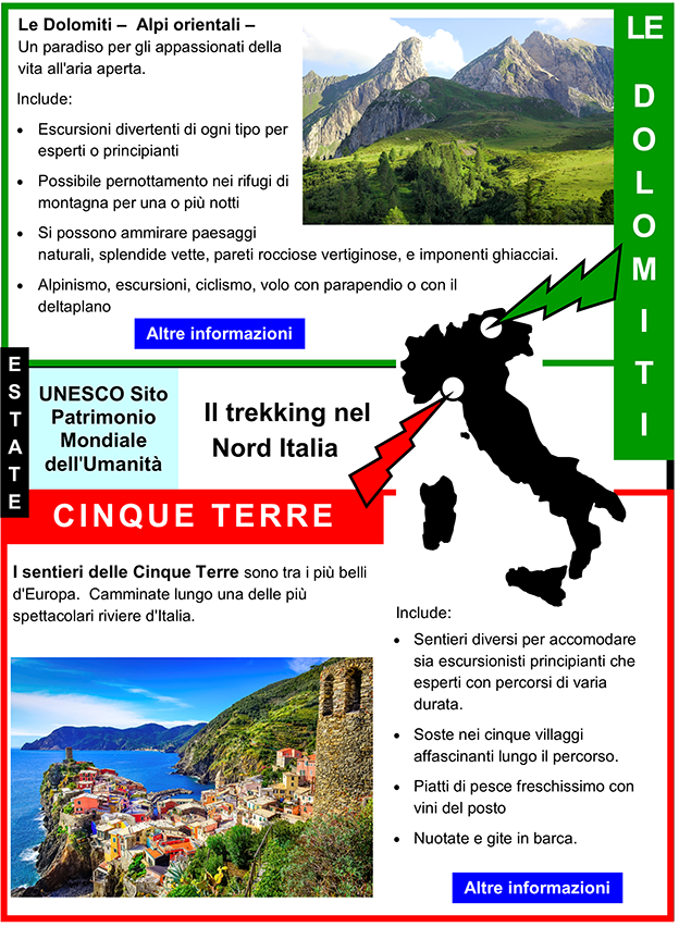 flyer for tourist attractions in Northern Italy with photos of mountains and a coastal town